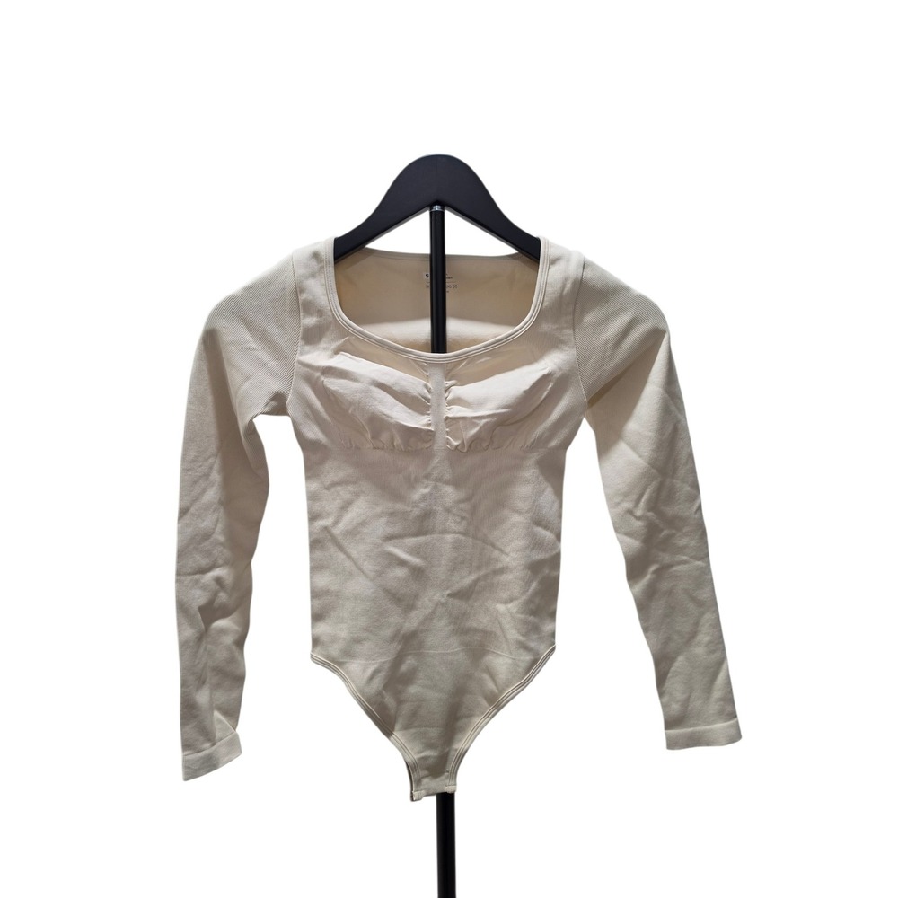 Womens Long Sleeve Ribbed Ruched Bust Bodysuit Cream Square Neck Small